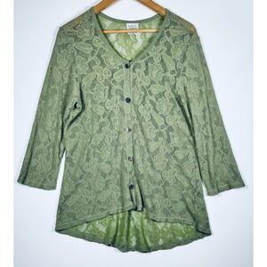 CMC Color Me Cotton Top Womens XL Sage Green Lace Floral Sheer Button Front